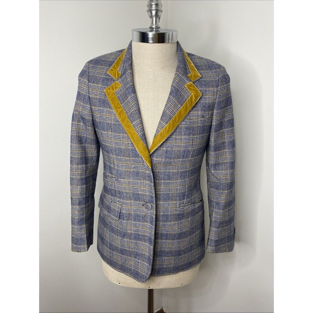 The GiGi Wool Blazer Jacket Plaid Blue Gold Velvet Collar Mens EU 40 US 30 Italy